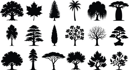 Collection of diverse tree silhouettes featuring various species for nature, forestry, landscape design, and environmental graphic projects, image_32671f.png. © MdSaiful