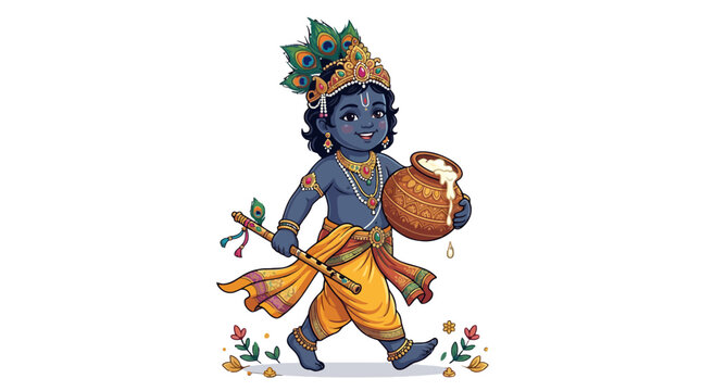 Vector Illustration of Little Krishna Holding Butter Pot and Flute