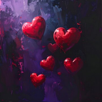 Red Hearts Floating on a Dark Abstract Background