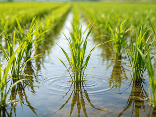 Fototapeta premium Young green rice plants grow in neat rows within a flooded paddy field, casting reflections on the water surface with gentle ripples.
