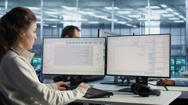Software developer monitoring energy consumption across server racks, while computer scientist working in diverse computer network security data center workplace, ensuring optimal performance.