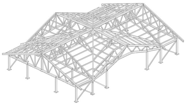 Architectural 3d model of a steel building roof framework