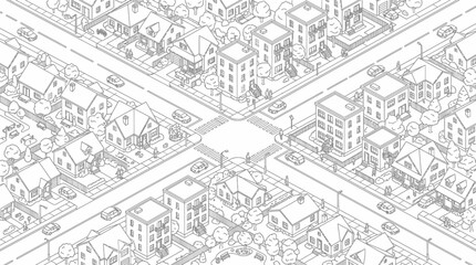 Fototapeta premium Detailed isometric suburban neighborhood line art with houses and cars