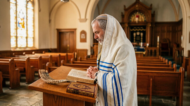 Jewish man in tallit praying in a synagogue with a shofar and prayer book