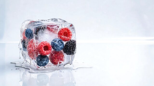Frozen fruits inside an ice cube with melted liquid around it on a white background