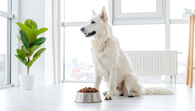 A white dog sits upright near a bowl of kibble. A potted plant stands next to a sunny window