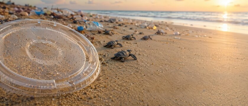Turtles move on the beach among plastic waste during sunset at a coastal location