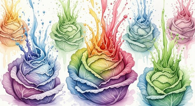 Vibrant Rainbow Cabbage Blooms with Splashing Colors.