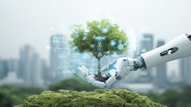 Robotic arm holding green tree with glowing trunk, sustainability ecology renewable technology smart city innovation concept integrating nature, environment and future clean energy solutions
