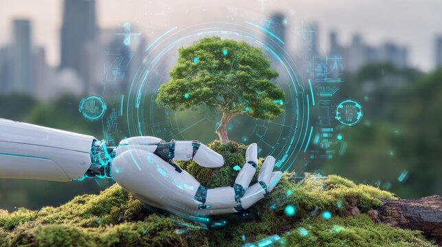 Robotic arm holding green tree with glowing trunk, sustainability ecology renewable technology smart city innovation concept integrating nature, environment and future clean energy solutions