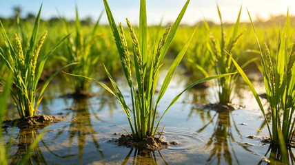 Fototapeta premium Close-up of vibrant green rice plants growing in a flooded paddy field under warm golden sunlight, featuring clear water reflections.