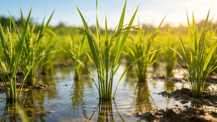 Fototapeta premium Close-up of vibrant green rice plants growing in a flooded paddy field under bright sunlight, showcasing agricultural beauty and crop cultivation.