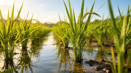 Fototapeta premium Close-up of vibrant green rice stalks with golden grains in a flooded field at sunset. Serene agricultural landscape with reflections in water.