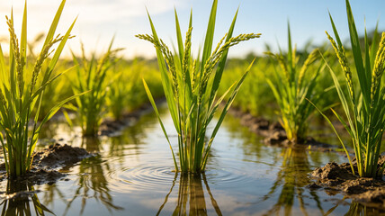 Fototapeta premium Lush green rice stalks with ripening grain heads grow in a flooded paddy field under warm golden sunlight, featuring water ripples and reflections.