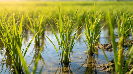 Fototapeta premium Close-up view of young green rice plants growing in a flooded paddy field during golden hour with sunlight reflecting on the water.