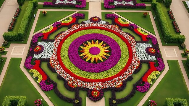 Geometric parterre garden with colorful flowers, aerial view, symmetrical pattern.