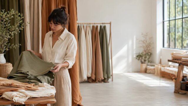 Woman organizes fabric in a design studio filled with textile colors and textures during daytime hours