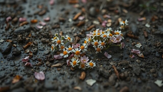 Trampled wildflowers lying in mud with scattered petals, muted colors and shallow depth of field.