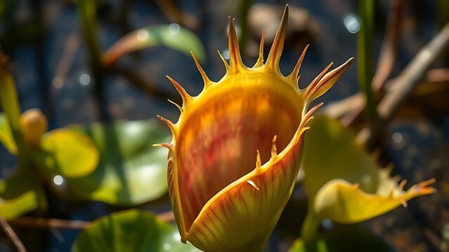 A Venus flytrap with its sealed leaf chamber in a swamp, macro view.