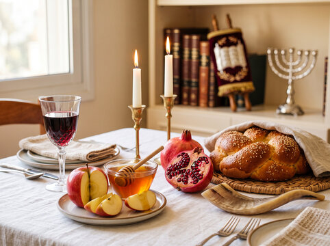 Traditional Rosh Hashanah holiday table setting with challah bread, apples, honey, pomegranate, and shofar for the Jewish New Year celebration