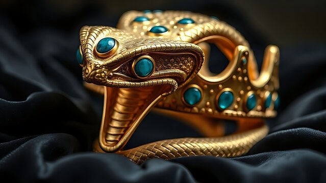 Detailed golden cobra crown with turquoise inlays resting on black velvet.