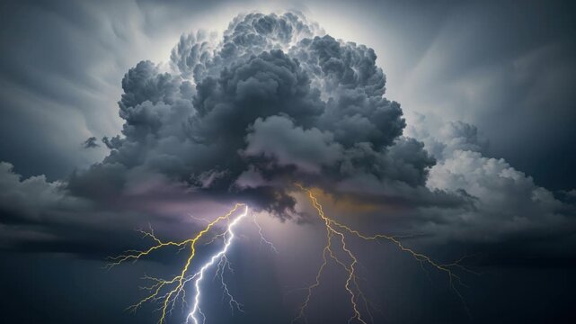 Storm's Fury: A dramatic storm cloud looms overhead, illuminated by the raw power of lightning striking down, casting an ominous glow.