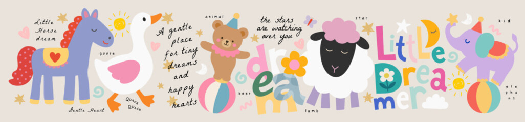 Naive сute animals for wall art baby poster in nursery room.Vector illustrations of a lamb, pony, goose, circus bear, elephant, inscription "little dreamer" for a birthday greeting card, print and pos © Ardea-studio