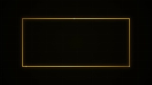 Golden rectangle frame pulsing with light on a dark grid background, subtle particles, abstract overlay, luxury border