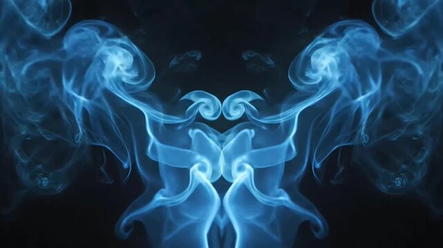 Abstract blue smoke pattern on dark background, symmetrical ethereal fluid motion, wavy mysterious artistic energy