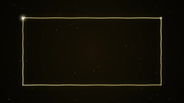 Animated golden ornate rectangle border with glittering particles, elegant festive frame for event invitations or luxury product showcases