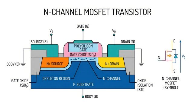 Technical schematic of n-channel mosfet transistor showing depletion and oxide regions.