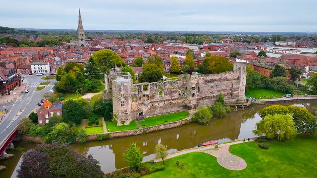 Aerial view of Newark-on-Trent, a market town and civil parish in the Newark and Sherwood district in Nottinghamshire, England, UK