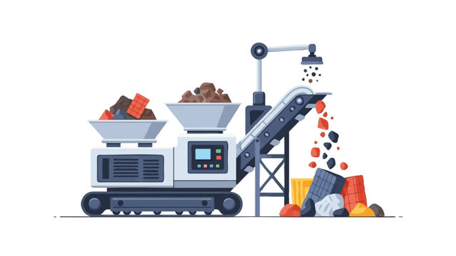 Industrial waste processing machine with conveyor belt and recycling hoppers vector illustration