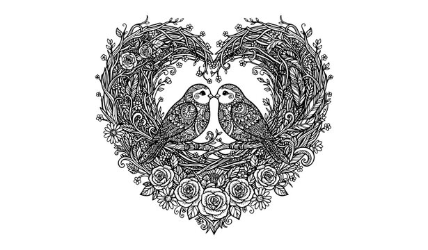 Love Birds Kissing on Floral Heart Nest Zentangle Coloring Book Vector Illustration