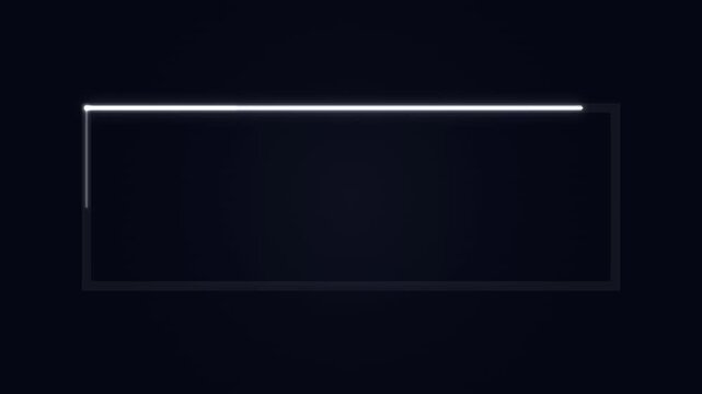 Minimalist animated rectangular frame with glowing neon lines on dark background, modern HUD element, data display outline
