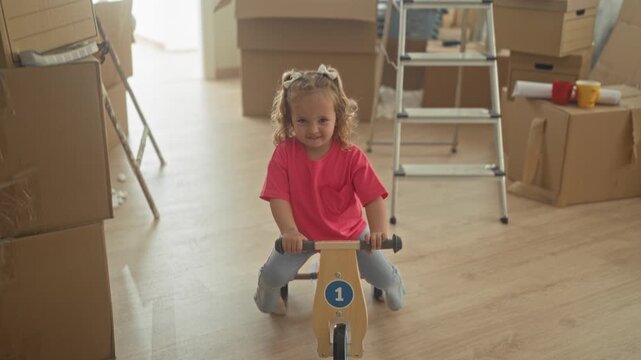 Girl straddles wooden balance bike with hands on handlebars, mouth open in surprise amid stacked moving boxes in a building; playful curiosity.