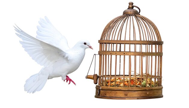 A white dove takes flight from near a wooden birdcage on a plain white background, wings spread, escaping captivity