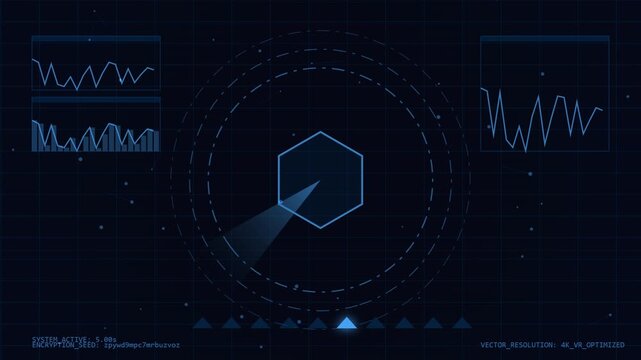 Futuristic digital radar screen interface displaying data analysis and target tracking with glowing blue elements and grid overlay, technology concept