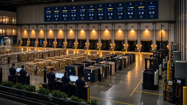 High tech logistics warehouse with loading bays, pallets, forklifts, workers, and digital scheduling screens for efficient distribution operations.