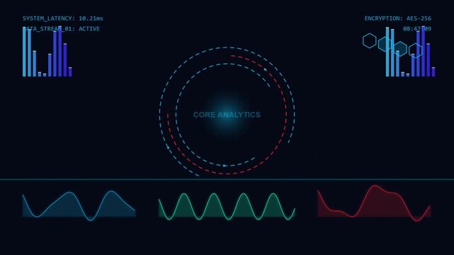 futuristic digital data interface with glowing graphs and charts on a dark blue background, abstract technology background