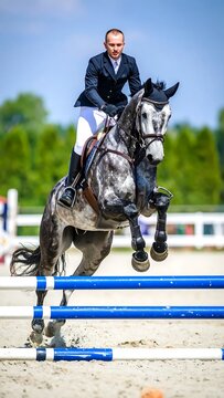 Horse and Rider Jumping Over an Obstacle in an Equestrian Event