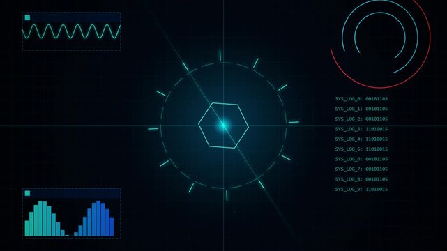 Futuristic digital interface displaying data charts, graphs, and circular scanning elements on a dark grid background