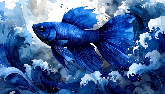 Blue Fish Swimming in Swirling Blue Waves