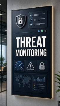 Modern wall-mounted cybersecurity display with threat monitoring text, lock icons, checklist graphics, radar, and data panels in an office setting.