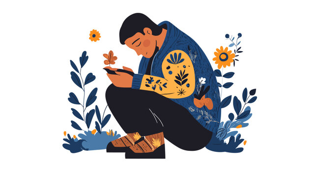 Person checking phone amidst nature illustration