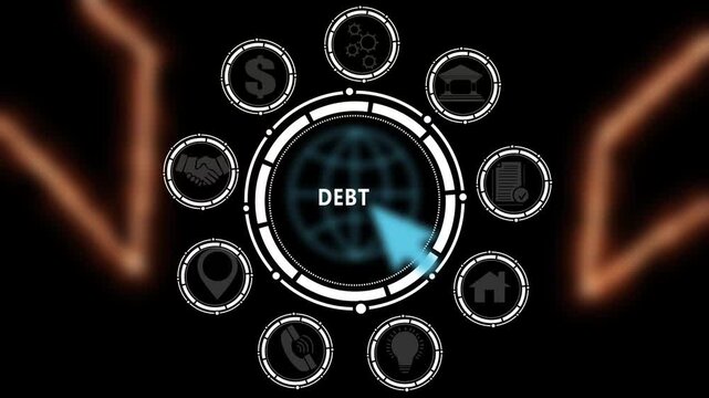 Seamless Loop Tech HUD Grid Featuring DEBT Text for Corporate Finance Presenters. 4K Video