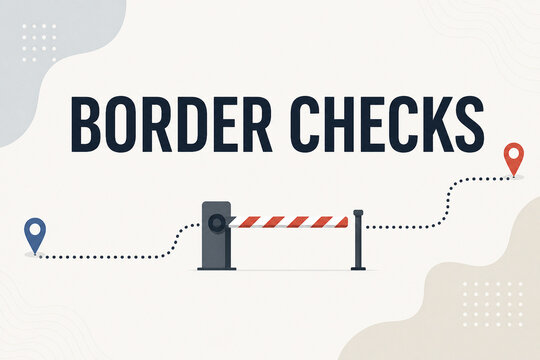 Minimal illustration of a border checkpoint with barrier gate, map pins, and dotted travel route on a clean neutral background.