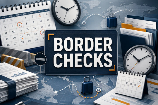 Illustration of border checks with calendars, clocks, documents, maps and luggage, representing travel scheduling, immigration control and compliance.