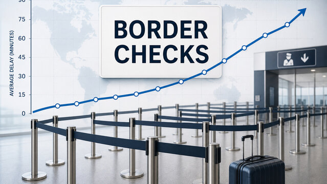 Airport border control queue with rising delay chart, illustrating travel disruption, immigration processing, and wait time trends.