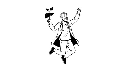 Fototapeta premium Happy Doctor Celebrating Healthy Liver Recovery Line Art